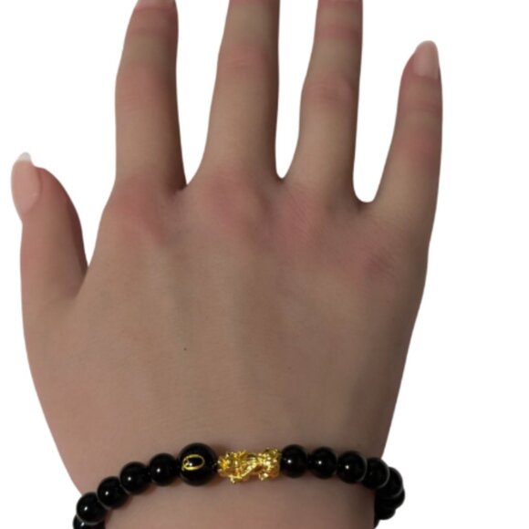 18K Gold Pixiu Piyao Bracelet Gemstones Onyx 6mm Elastic Bracelet Letter Q - Picture 6 of 6